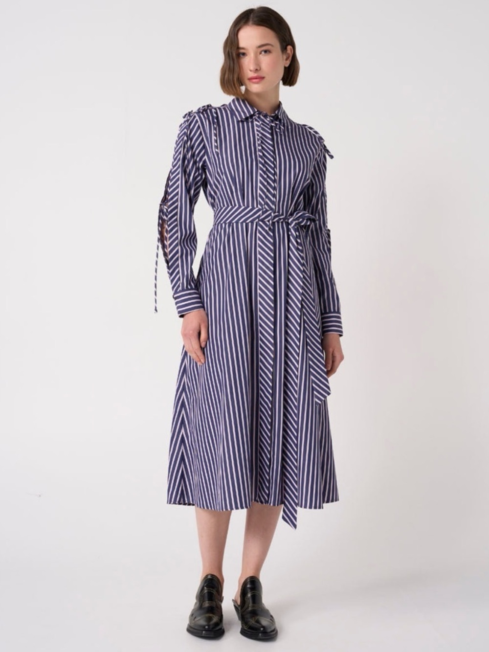 NWT Evi Grintela Kaori Midi Dress Dark Blue Stripes Small